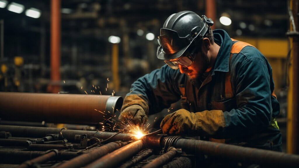 Ein Arbeiter beim Schweissen mit Schutzanzug