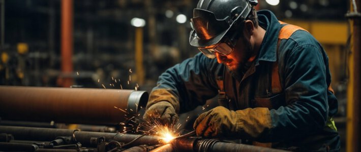 Ein Arbeiter beim Schweissen mit Schutzanzug