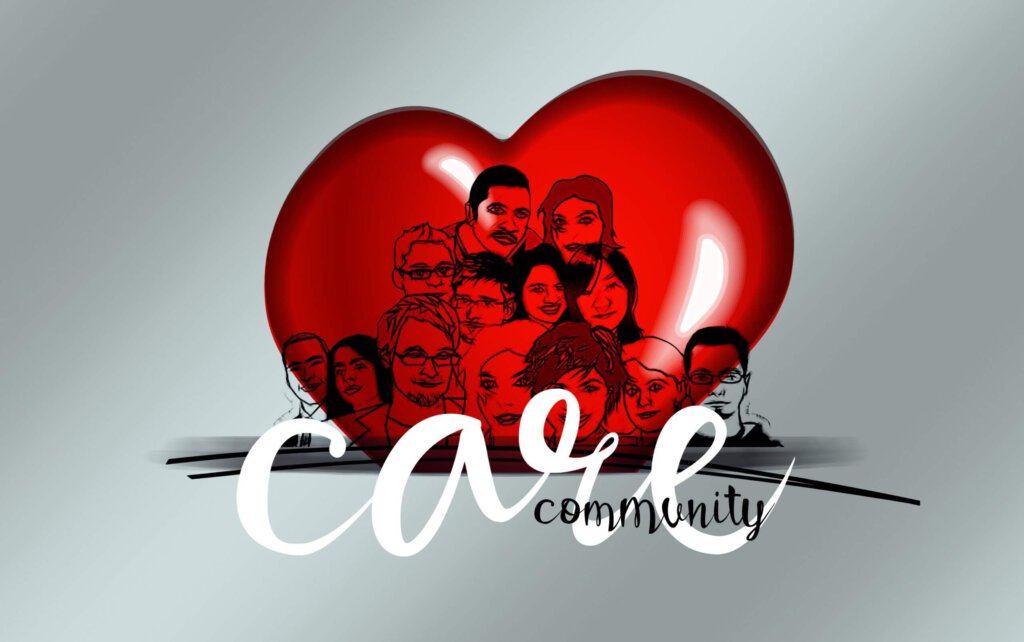 Das Wort Care vor einem Herzen mit Menschen