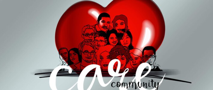 Das Wort Care vor einem Herzen mit Menschen