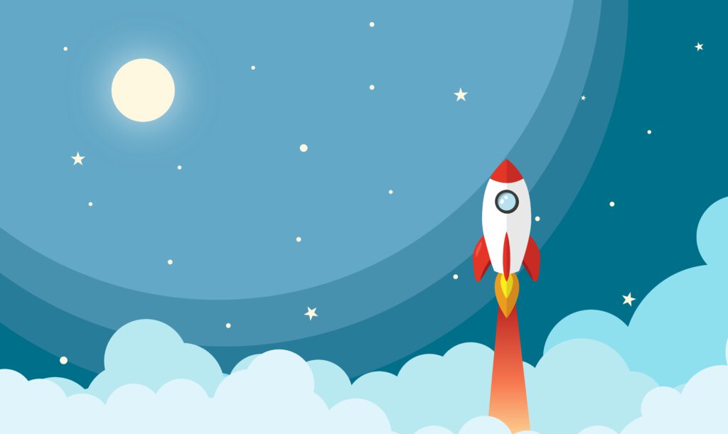 Eine Rakete vor Wolken und dem Weltall