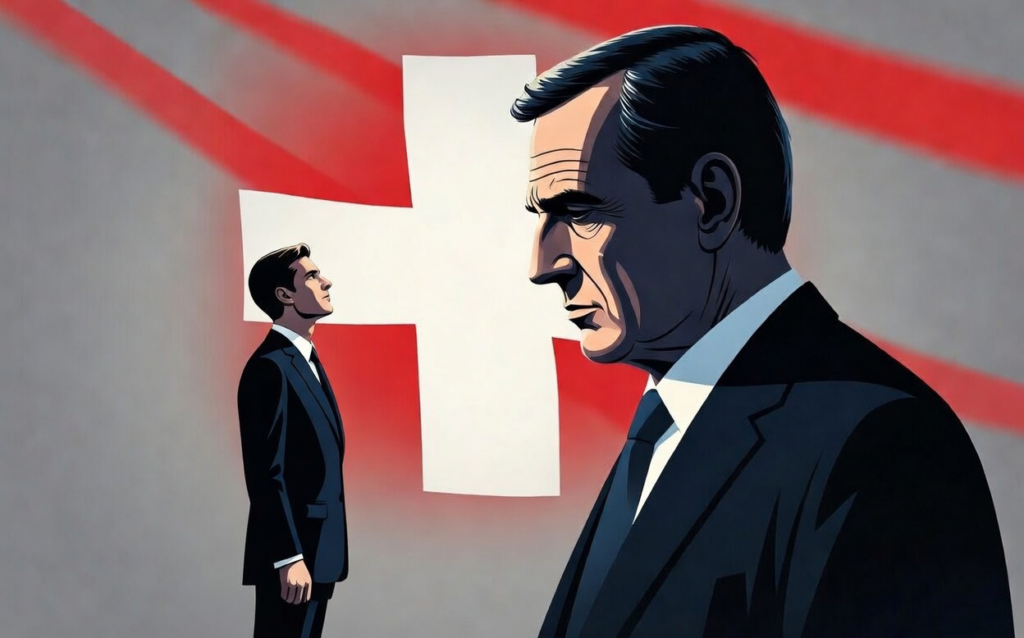 Ein grosser und ein kleiner Manager vor einer Schweizerflagge