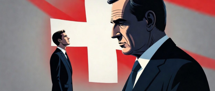 Ein grosser und ein kleiner Manager vor einer Schweizerflagge