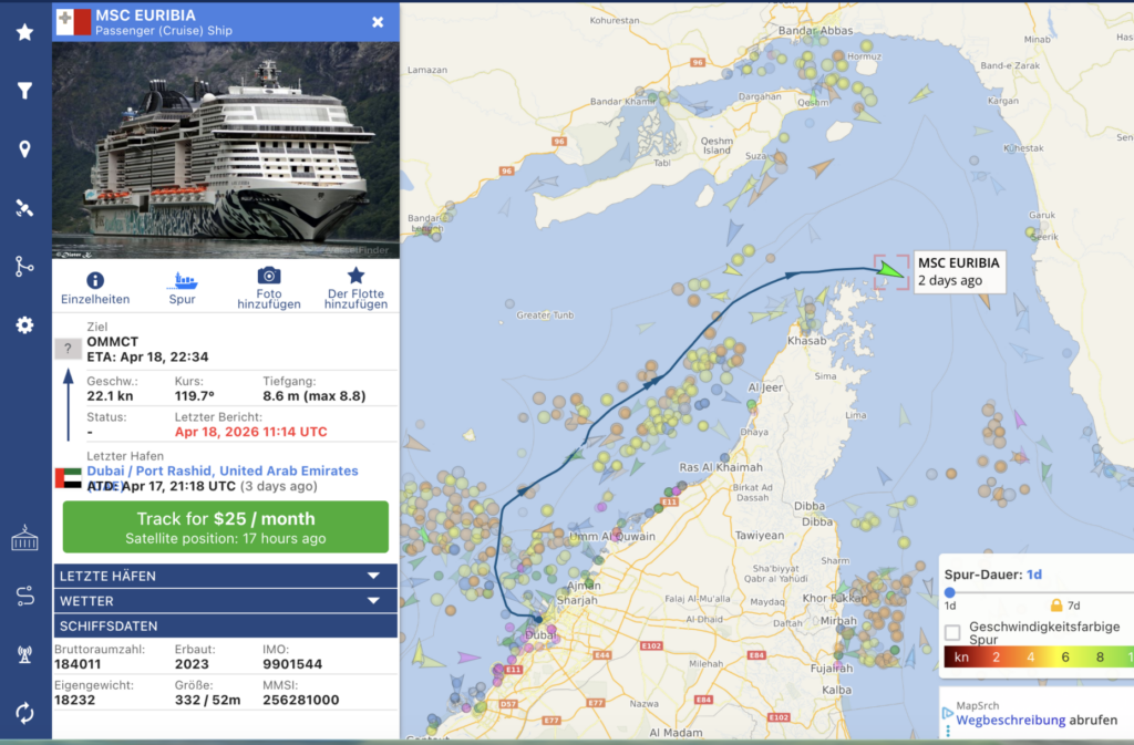 Vesselfinder zur MSC Euribia