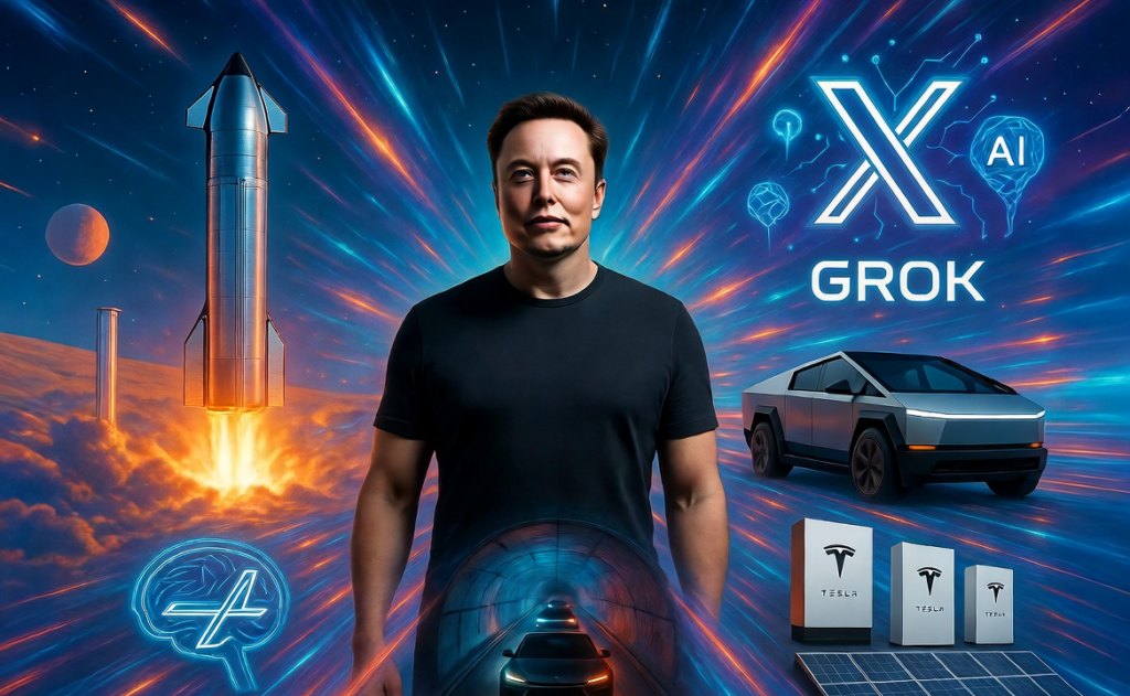 Elon Musk mit Logos seiner Unternehmen