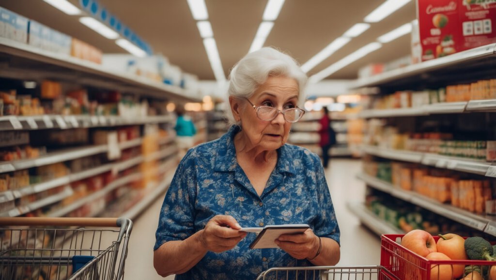 Eine ältere Dame in einem Supermarkt