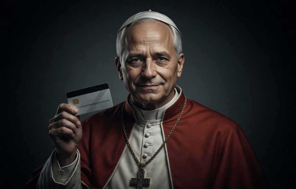 Ein schematisches Bild von Papst Leo XIV. mit einer Bankkarte