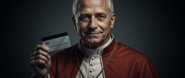 Ein schematisches Bild von Papst Leo XIV. mit einer Bankkarte