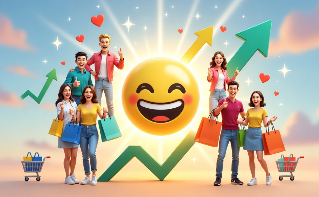 Konsumenten im Kaufrausch mit einem Smiley und vollen Einkaufstaschen