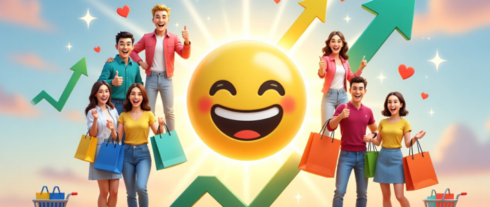 Konsumenten im Kaufrausch mit einem Smiley und vollen Einkaufstaschen
