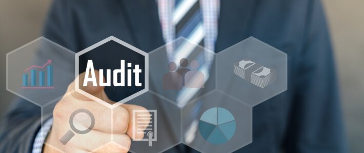 Finanzprüfer mit dürftigem Finanzbericht Ein Mann im Anzug mit einem Finger nach vorne auf das Wort Audit