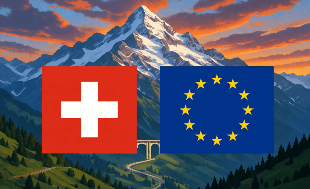 Flaggen der Schweiz und der EU vor Alpenpanorama