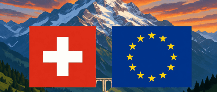 Schweiz schliesst sich EU-Protektionismus gegen China an Flaggen der Schweiz und der EU vor Alpenpanorama