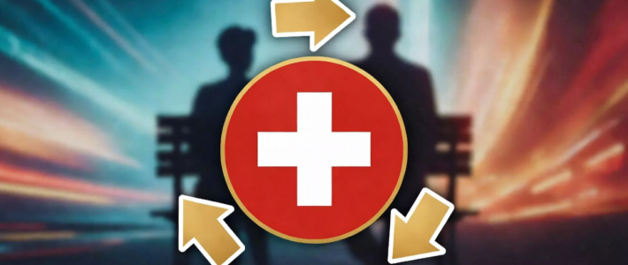 Schweizer Flagge mit drei Pfeilen drum herum und schematische Bank mit Pensionären im Hintergrund