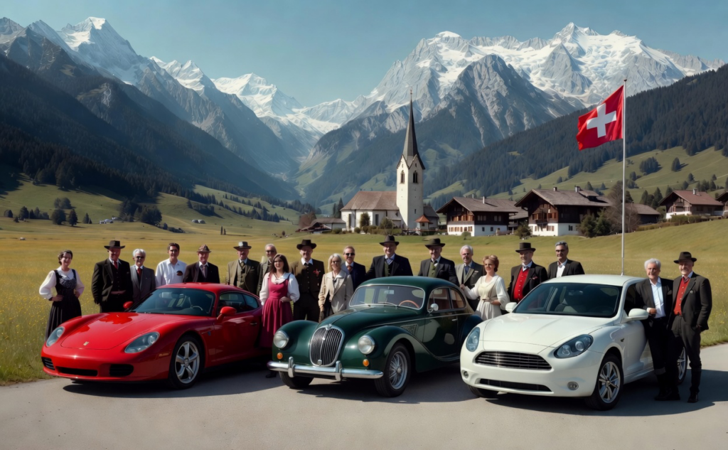 Schweizer in traditioneller Kleidung mit ihren Autos vor Alpenpanorama