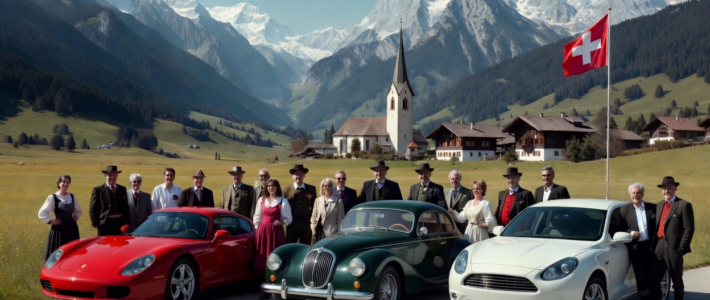 Schweizer in traditioneller Kleidung mit ihren Autos vor Alpenpanorama