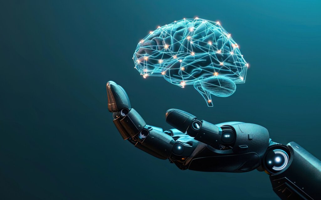 Eine menschliche Roboterhand mit einem schematischen Gehirn