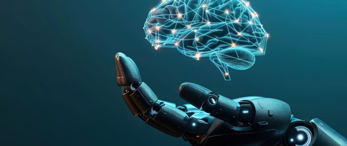 Künstliche Intelligenz wird zum teuren Produktionsfaktor Eine menschliche Roboterhand mit einem schematischen Gehirn