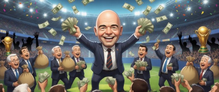Einsetzender Geldregen von der Fifa Zeichnung von Fifa-Chef Infantino mit Geldregen