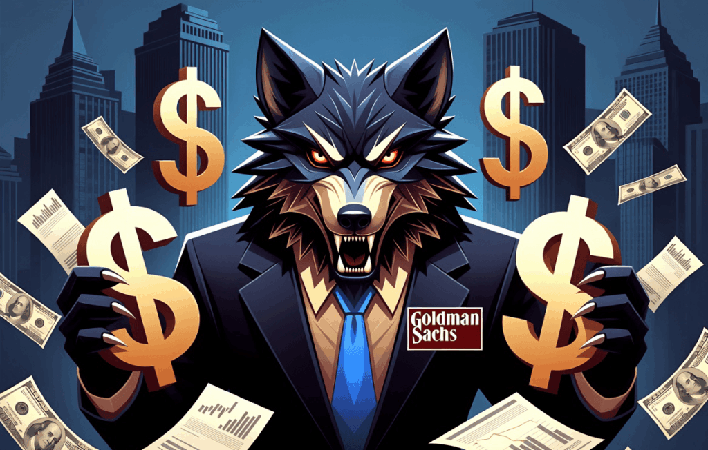 Ein Mann mit Wolfskopf und Goldman-Sachs-Schild sowie Dollarscheinen