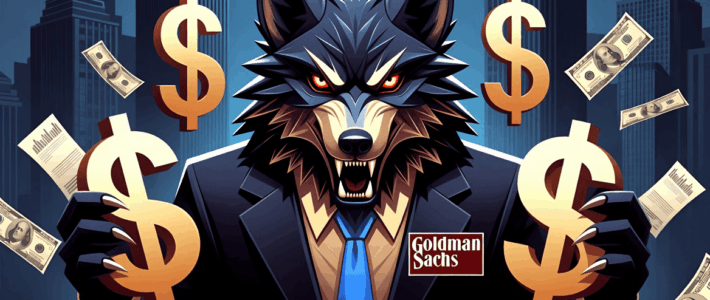 Ein Mann mit Wolfskopf und Goldman-Sachs-Schild sowie Dollarscheinen