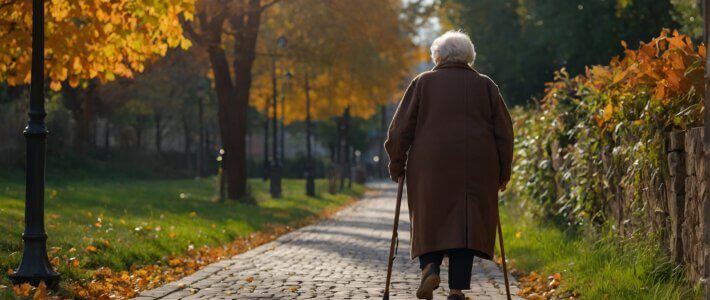 Aufatmen bei Pensionskassen Eine Frau mit Stöcken in einem Park