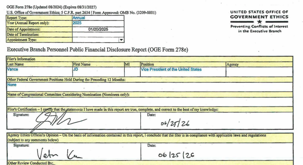 JD Vance Unterlagen zu seinen jährlichen Finanzaktivitäten