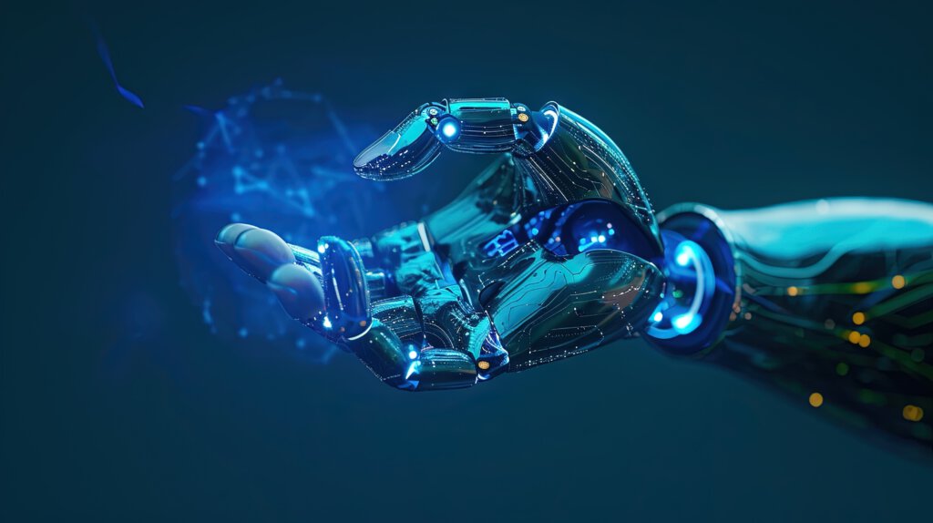 Eine Roboter-Hand mit einer vernetzten Weltkugel vor blauem Hintergrund