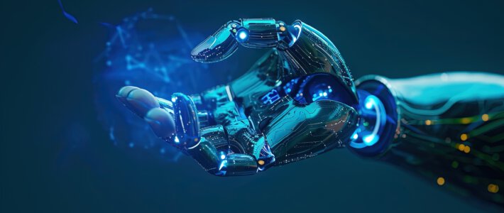 Eine Roboter-Hand mit einer vernetzten Weltkugel vor blauem Hintergrund