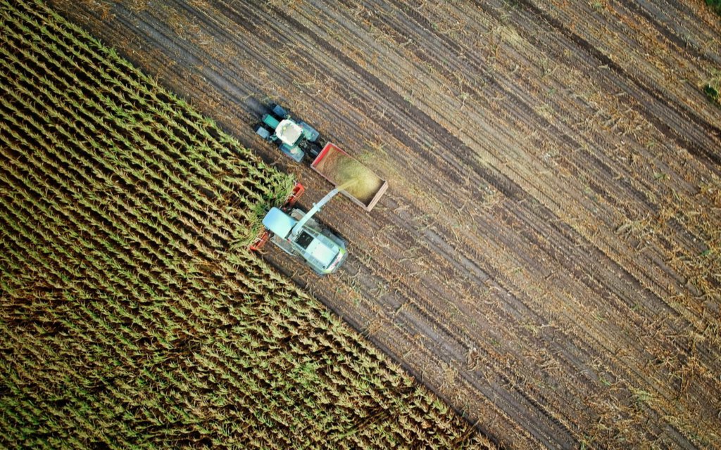 Ein Feld mit Erntemaschinen von oben