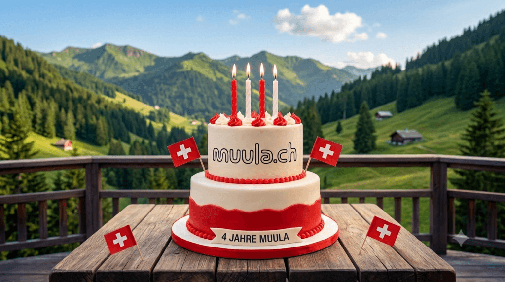 eine Torte mit vier Kerzen und Schweizerflaggen in Bergpanorama