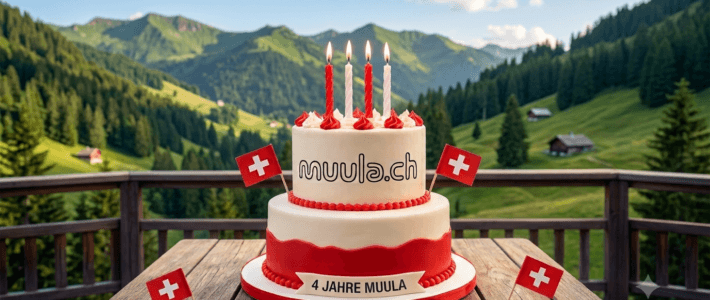 Schweiz und muula.ch feiern Geburtstag eine Torte mit vier Kerzen und Schweizerflaggen in Bergpanorama