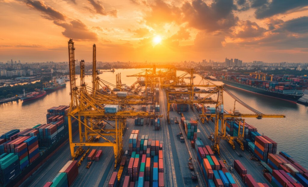 Containerterminal mit Transportschiffen und Sonne im Hintergrund