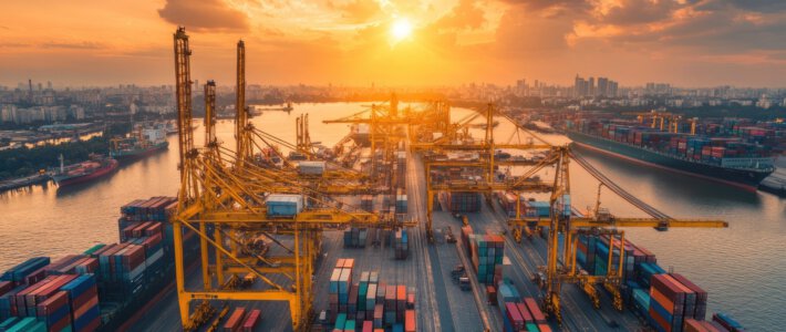 Historischer Boom der Schweizer Exporte Containerterminal mit Transportschiffen und Sonne im Hintergrund