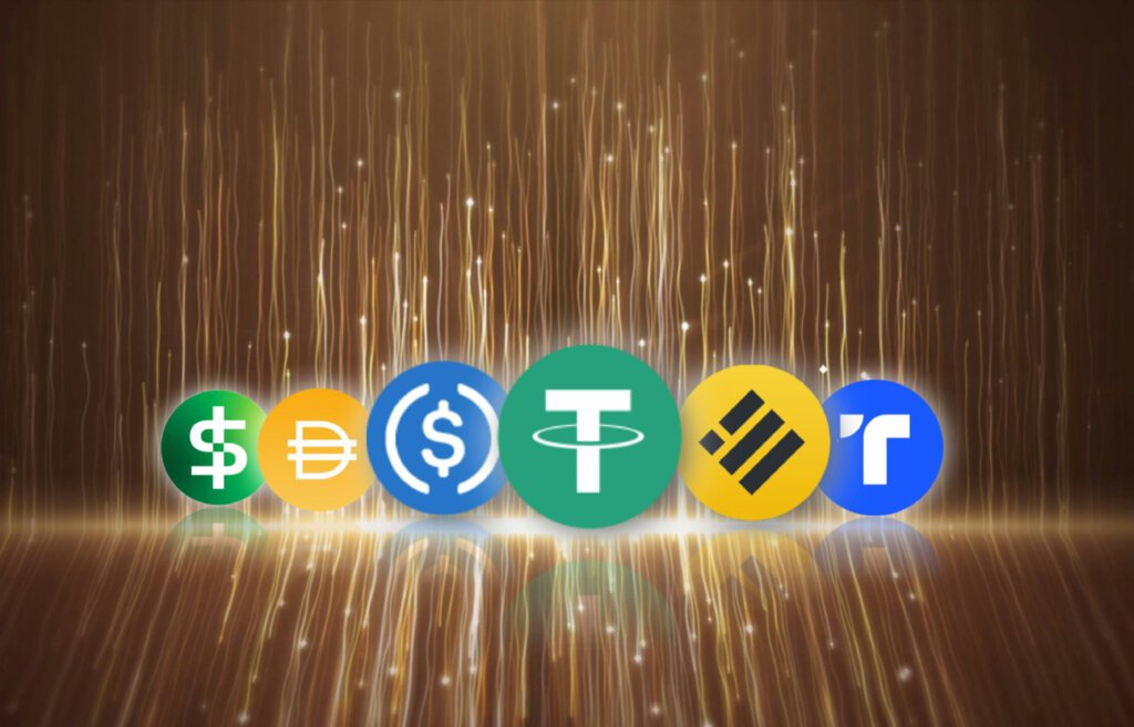 Logos von Stablecoins um USDC, Tether & Co.