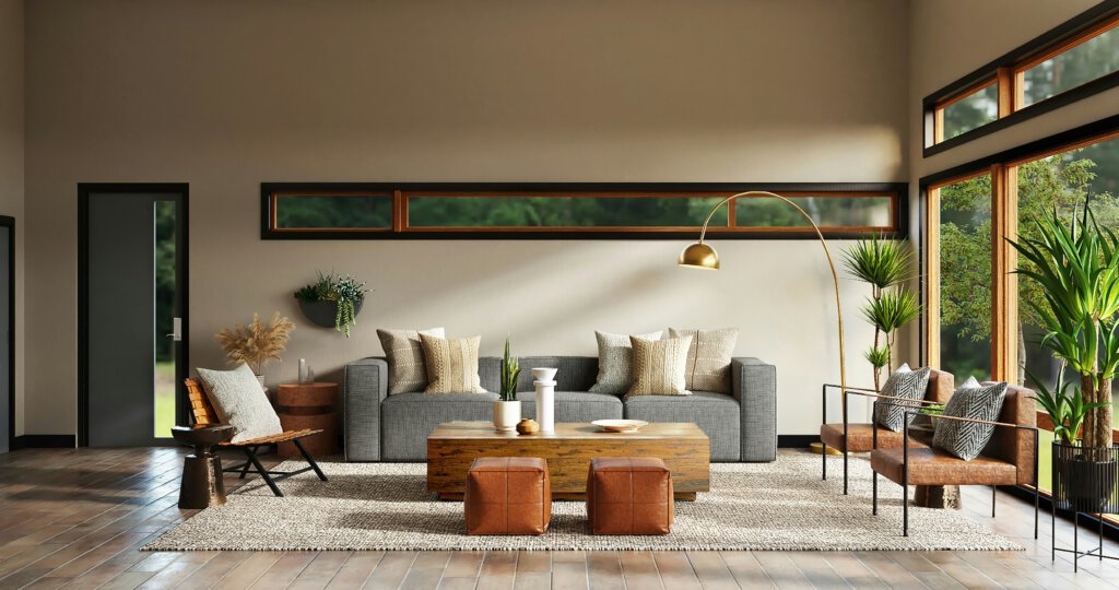 Ein grossflächiges Wohnzimmer mit Sofa und Stühlen