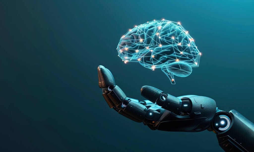 Eine schematisches Gehirn auf einer Roboterhand