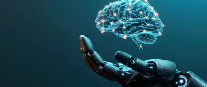 Eine schematisches Gehirn auf einer Roboterhand