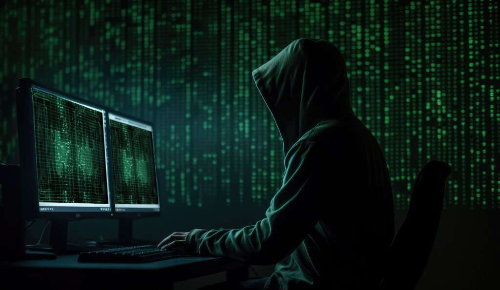 Ein Hacker vor zwei Computerbildschirmen