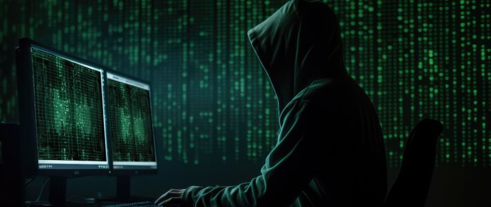 Ein Hacker vor zwei Computerbildschirmen