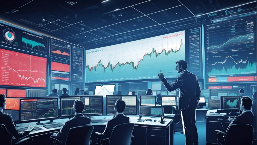 Ein Handelsraum mit vielen Börsencharts auf grossen und kleinen Bildschirmen