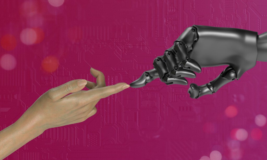 Zwei Hände deren Finger sich berühren - eine menschliche Hand und eine Roboterhand