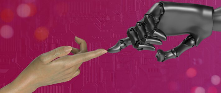 Börsengang von Anthropic wird zum Spielcasino Zwei Hände deren Finger sich berühren - eine menschliche Hand und eine Roboterhand