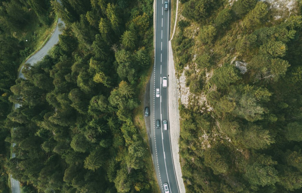 Fahrzeuge auf einer Schweizer Strasse durch ein Waldgebiet