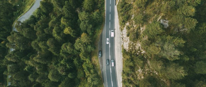 Fahrzeuge auf einer Schweizer Strasse durch ein Waldgebiet