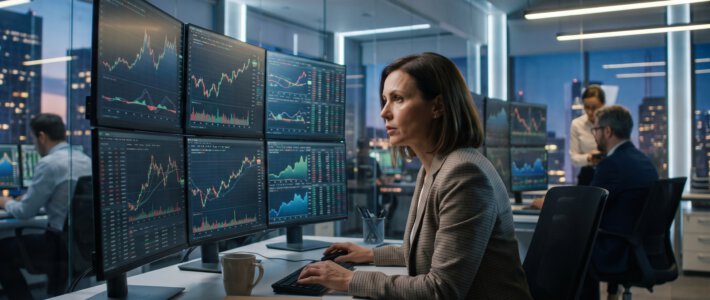Portfoliomanager vor Bildschirmen mit Aktienkursen