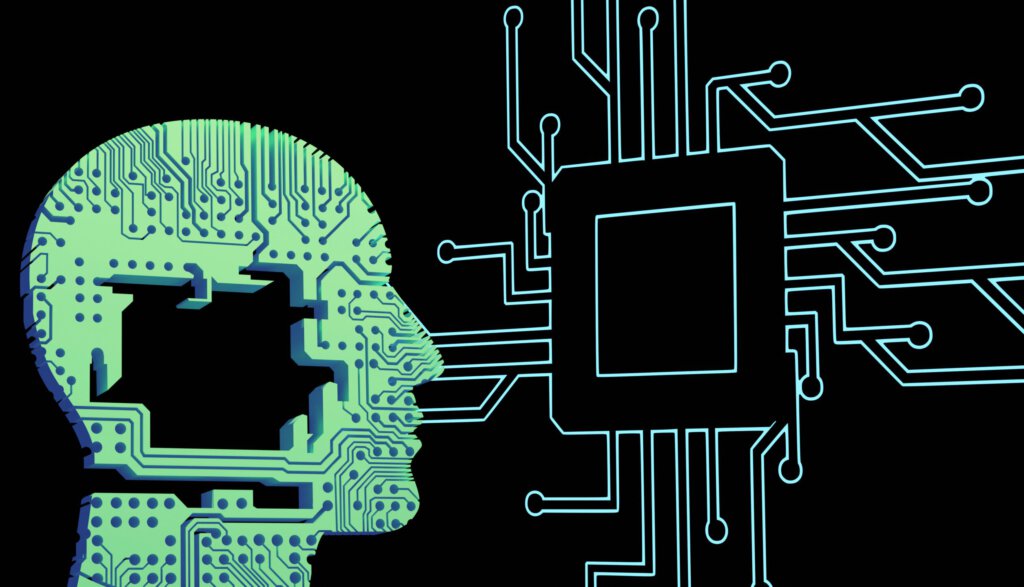Ein schematischer Kopf und ein Computerchip