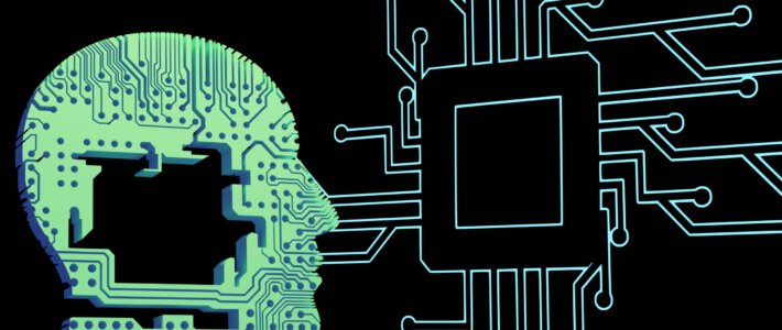 Ein schematischer Kopf und ein Computerchip