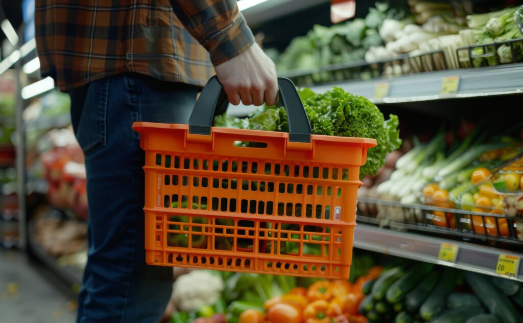 Ein Mann mit einem orangen Einkaufskorb in einem Supermarkt vor dem Gemüseregal