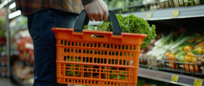 Konsumenten werden zu Unrecht vorsichtiger Ein Mann mit einem orangen Einkaufskorb in einem Supermarkt vor dem Gemüseregal
